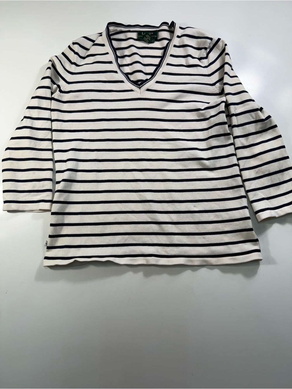 Lauren Ralph Lauren White Sweater with Navy Stripes V-Neck - Picture 2 of 9